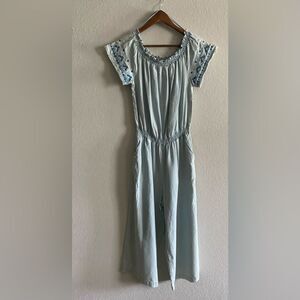 NWT Women Spense Light Denim Wide Leg Elastic Waist Pockets Cropped Jumpsuit 10